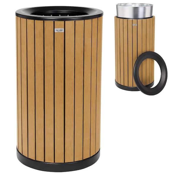 32 gal. All-Weather Cedar Panel Steel Round Commercial Outdoor Trash Can with Liner (2-Pack)