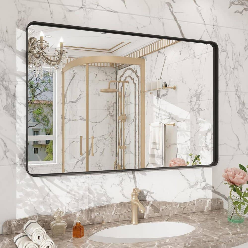 48 in. W x 32 in. H Rectangular Framed French Cleat Wall Mounted Tempered Glass Bathroom Vanity Mirror in Matte Black price history on PriceWatchPro