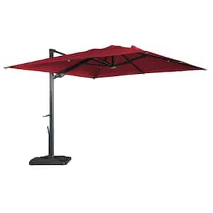 10 ft. Square Aluminum Cantilever Outdoor Tilt Patio Umbrella in Red with LED Light Base Weight Stand