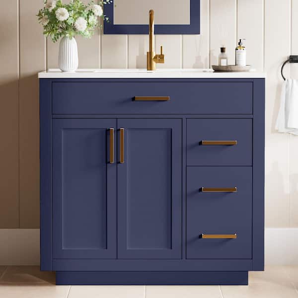 36 in. Navy Wood Single Sink Freestanding Bathroom Vanity with White Ceramic Top