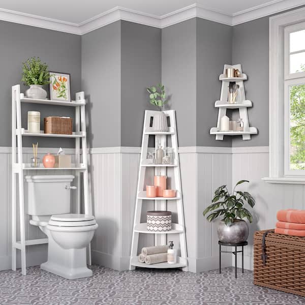 RiverRidge Home Amery 20 in. W x 14.5 in. D x 54 in. H 5 Tier White MDF Rectangular Tall Corner Ladder Shelf Tower with Display Shelf 06 130