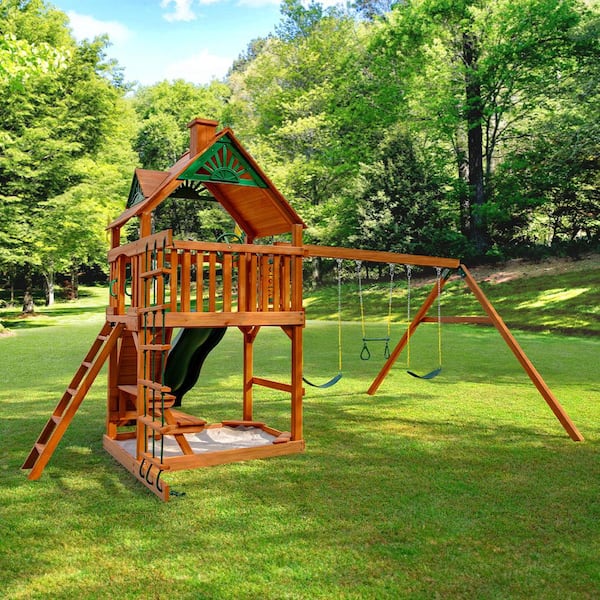 Chateau Wooden Outdoor Playground Set with Slide, Sandbox, Rock Wall, Swing Set, and Playground Equipment