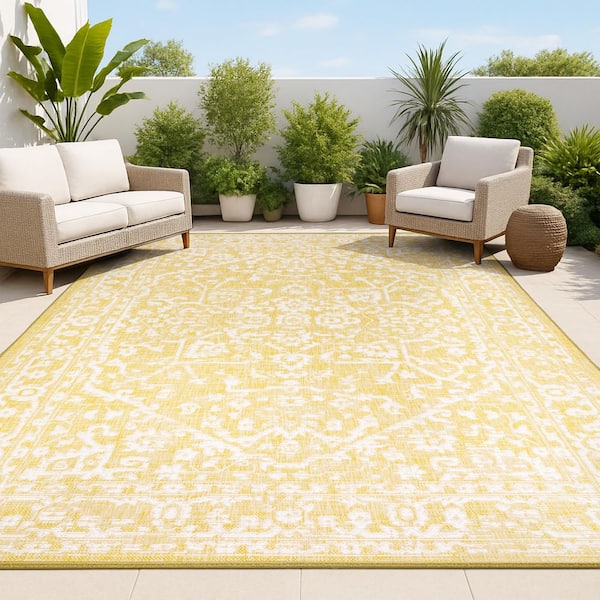 Malta Bohemian Medallion Textured Weave Yellow/Cream 9 ft. x 12 ft. Indoor/Outdoor Area Rug