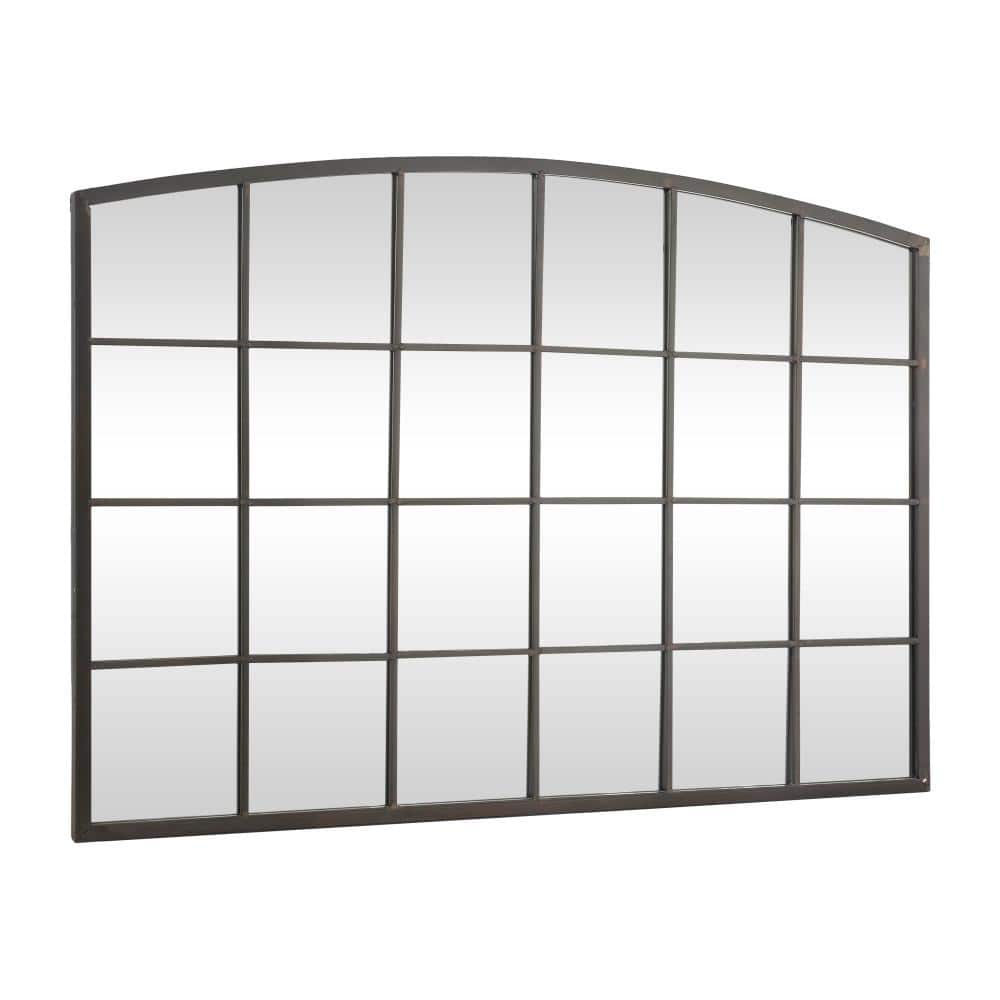 Industrial Black Metal Windowpane Wall Mirror with Arched Top