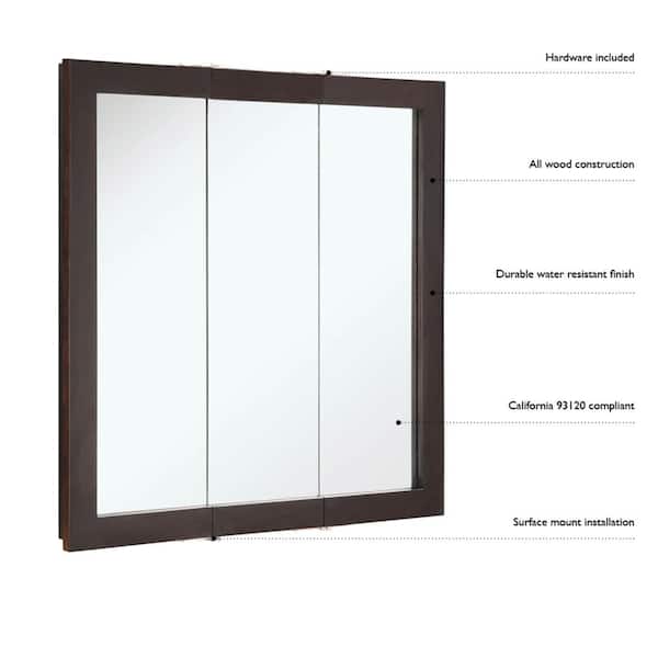 Ventura 30 in. W x 30 in. H x 6 in. D Framed Tri-View Surface-Mount Bathroom Medicine Cabinet in Espresso