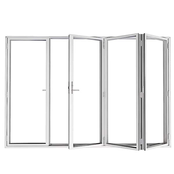 120 in. x 80 in. Right Center Opening/Outswing Double Prehung Tempered Glass White Aluminum Folding Patio Door