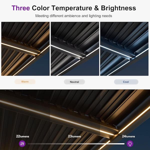 11.7 ft. x 28.1 ft. Gray Aluminum Outdoor Louvered Pergola with 4-Individual Adjustable Sunshade Roofs and LED Lights