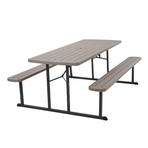 Cosco 6 ft. Folding Blow Mold Picnic Table Taupe Wood Grain with Brown Legs