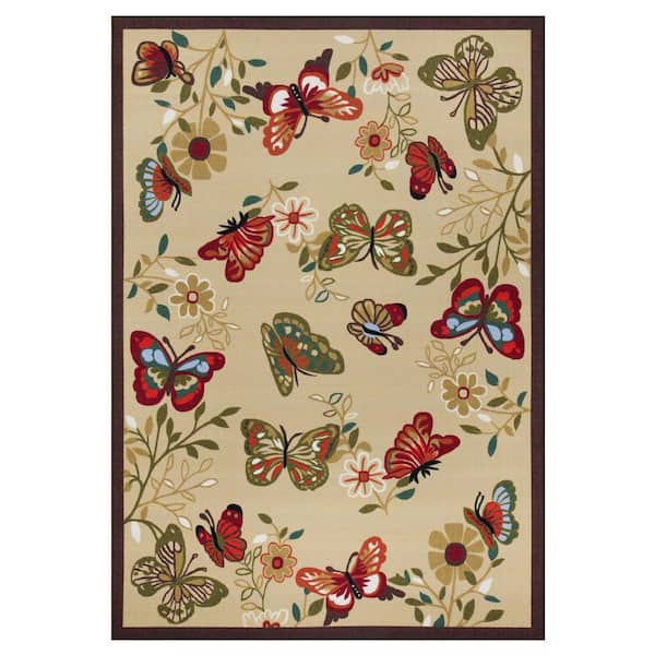 Ottomanson House Collection Non-Slip Rubberback Butterfly Design 7x10 Indoor Area Rug, 6 ft. 6 in. x 9 ft. 2 in., Beige