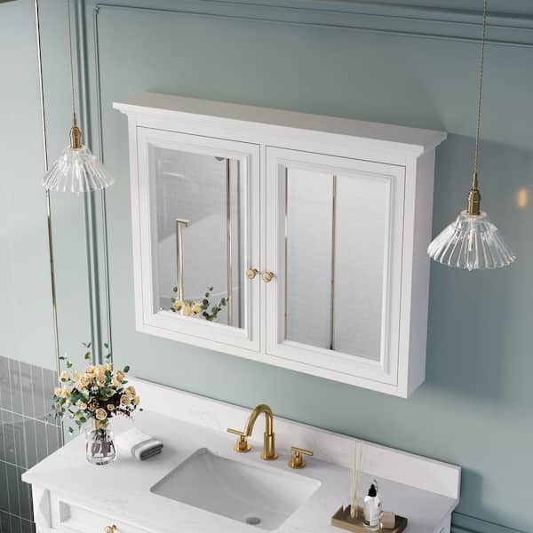 Forclover 40-in x 30-in Surface Mount White Mirrored Soft Close Medicine Cabinet