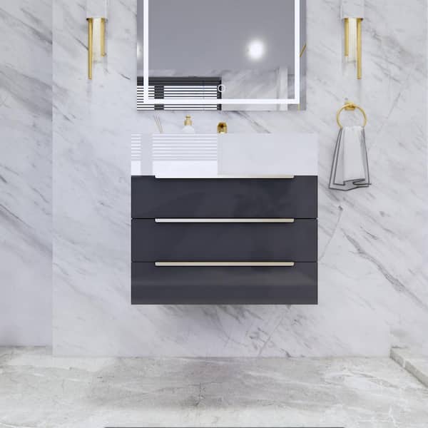 BV Better Vanity Bethany 24 in. W x 20 in. D x 22 in. H Single Sink Floating Bath Vanity in Gloss Gray with White Acrylic Top