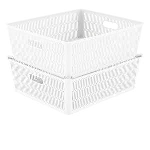 15 in. L x 13 in. W x 5 in. H 2 Pack Slide 2 Stack It Shallow Storage Tote Baskets Closet Drawer Organizer in White