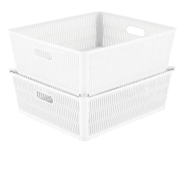 SIMPLIFY 15 in. L x 13 in. W x 5 in. H 2 Pack Slide 2 Stack It Shallow Storage Tote Baskets Closet Drawer Organizer in White