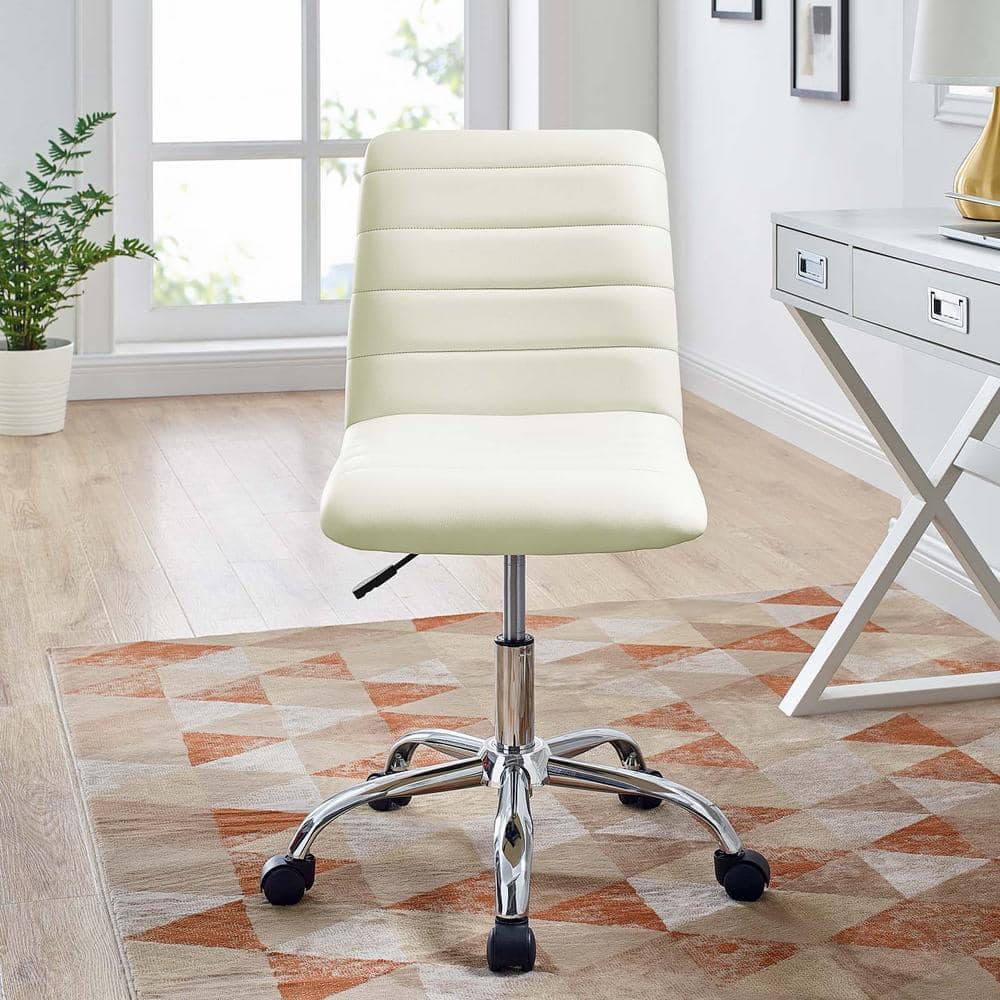 Cream Channel Tufted Armless Swivel Office Chair with Metal Base