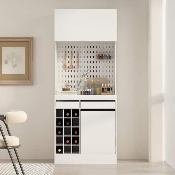 FUFU&GAGA White Wood 31.5 in. W Buffet and Hutch Kitchen Storage Cabinet with Garbage Bin, Drawers, Wine Cube, Hook 78.7 in. H