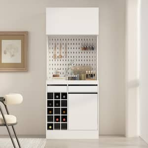 White Wood 31.5 in. W Buffet and Hutch Kitchen Storage Cabinet with Garbage Bin, Drawers, Wine Cube, Hook 78.7 in. H