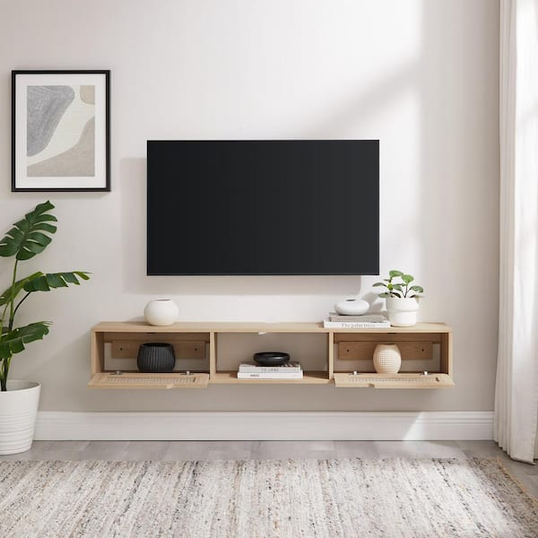 58 in. Coastal Oak Wood Modern Floating TV Stand with 2 Faux Rattan Doors Fits TVs up to 65 in.