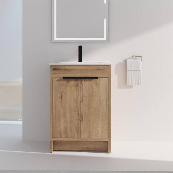 UPIKER 24 in. W x 18.31 in. D x 34.3 in. H Freestanding Bath Vanity Cabinet in Imitative Oak with White Ceramic Top