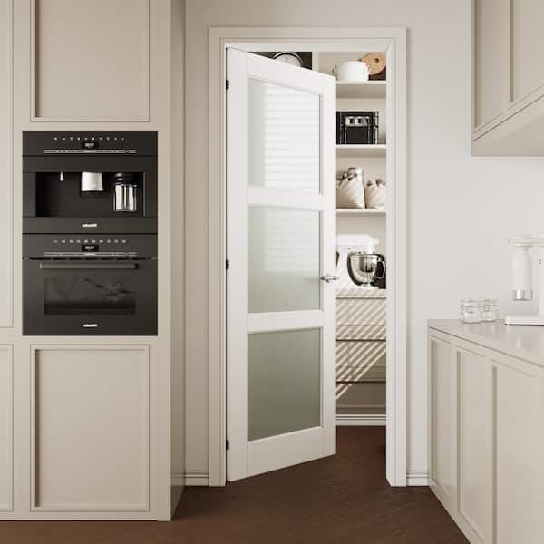30 in. x 80 in. 3-Lite Tempered Frosted Glass White Primed Solid Core Manufacture Wood Interior Door Slab