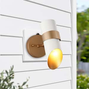 Modern 1-Light White Dusk to Dawn Outdoor Hardwired Wall Lantern Sconce with Gold Accents and No Bulbs Included