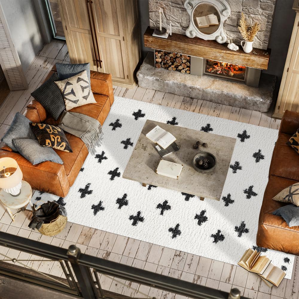 Reversible White/Black Geometric Shag Synthetic Area Rug
