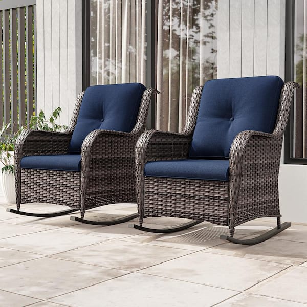 Wicker Outdoor Rocking Chair Patio with Blue Cushion (2-Pack)