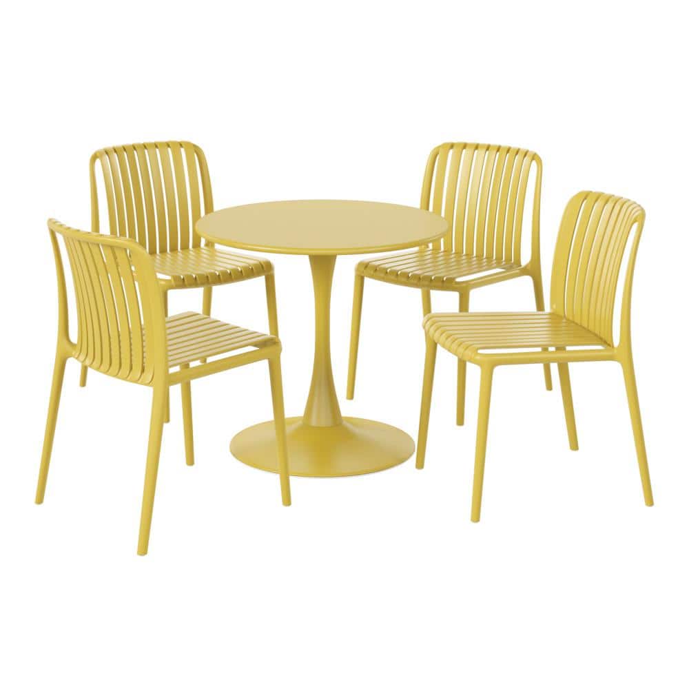 Frond&Form Outdoor Patio Modern 5-Piece Round HDPE Plastic Dining Table Set With Stackable Chairs, Yellow price history on PriceWatchPro