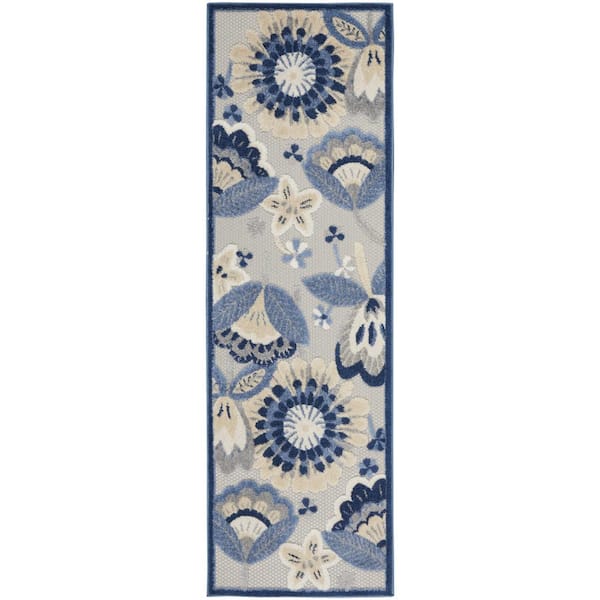 HomeRoots Charlie 2 X 8 ft. Blue and Grey Floral Indoor/Outdoor Area Rug