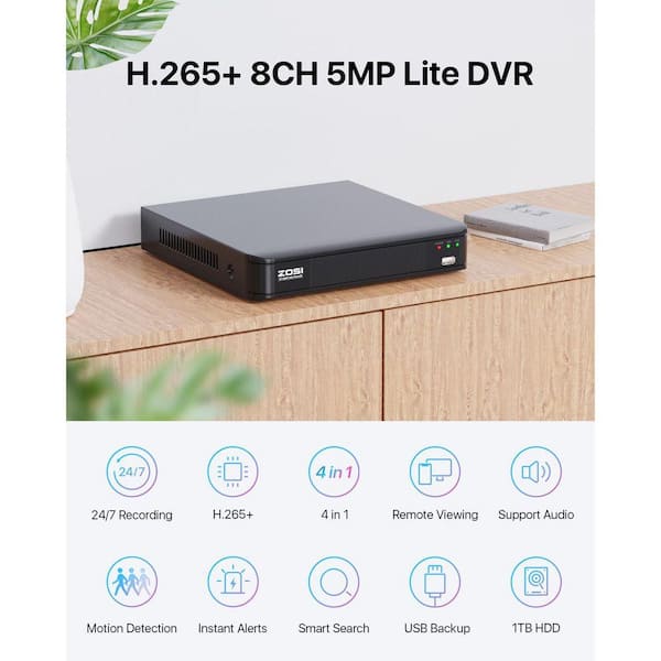 ZOSI H265+ 8-Channel 5Mp-Lite 1TB DVR Security Camera System with