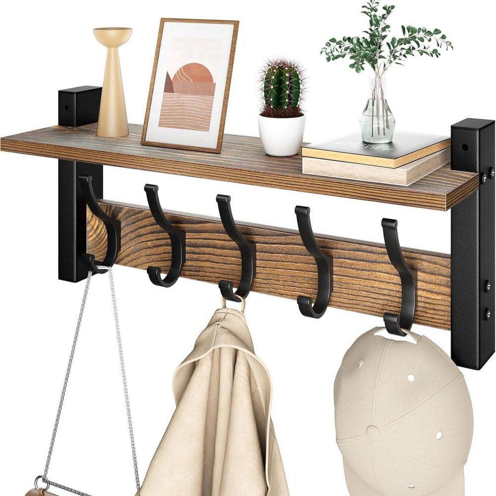Attachable Coat Rack Brown Coat Rack Wall Mount with Shelf, Coat Hanger Walls Mounted, 5 ...
