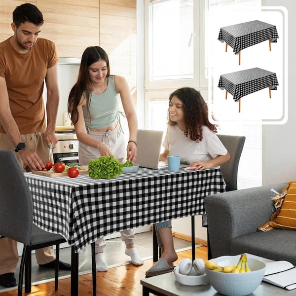 60x84 Vinyl Tablecloth 2 Pack, Waterproof Wipeable Rectangle Table Cover, Flannel Backed Black and White Checkered
