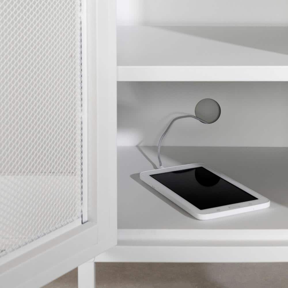 White Metal End Table with Perforated Mesh Door and Storage