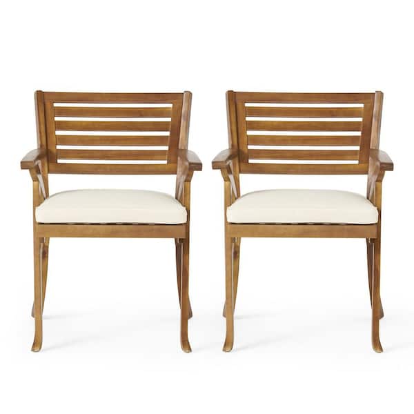 Tatayosi Wood Outdoor Dining Chair with White Cushions, Teak Color (Set of 2)