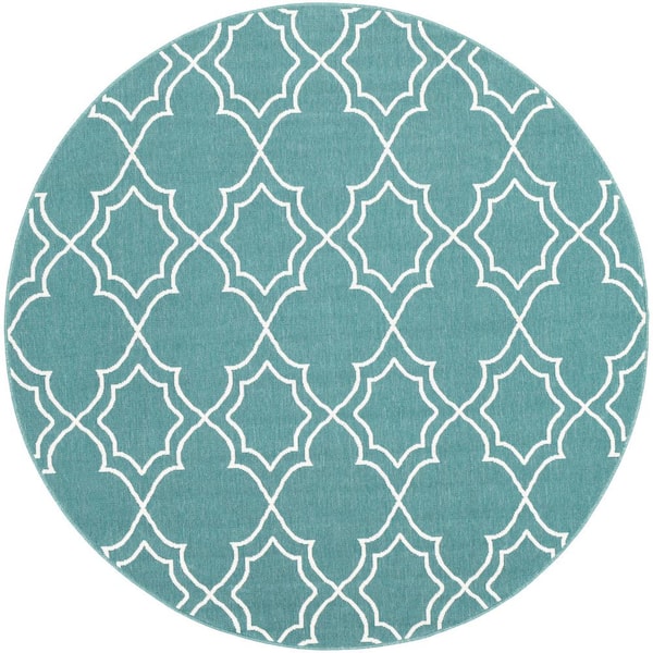 Felix Teal 7 ft. 3 in. x 7 ft. 3 in. Round Geometric Indoor/Outdoor Area Rug