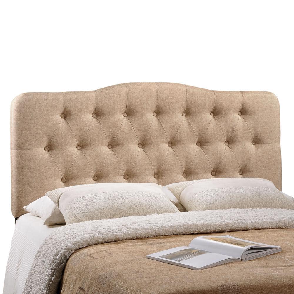 Beige Tufted Upholstered Queen Fabric Headboard