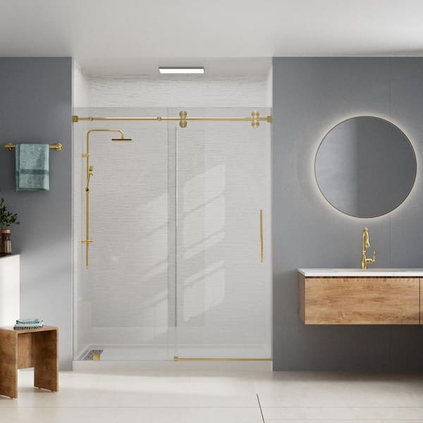 36 in. L x 60 in. W x 96 in. H Alcove Shower Stall/Kit with Sliding Door in Brushed Gold with Center Drain and Striped