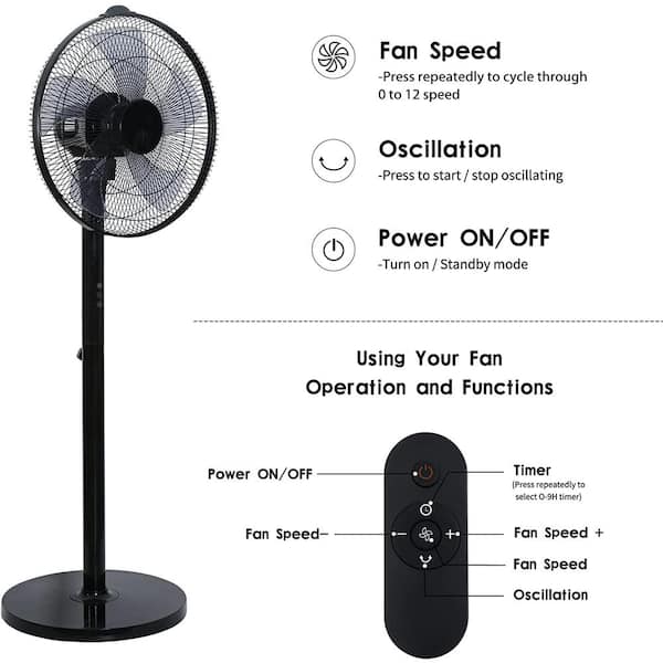 Aoibox Simple Deluxe Oscillating 14 .5 in. Adjustable 12-Speeds Pedestal Stand Fan with Remote Control, 9-Hours Timer, Black