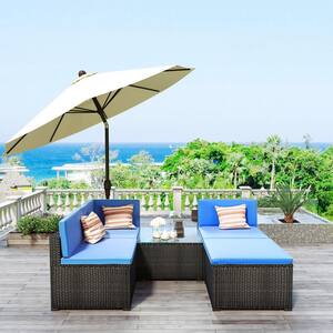 Outdoor Black 5-Piece Wicker Patio Conversation Set with Blue Cushions