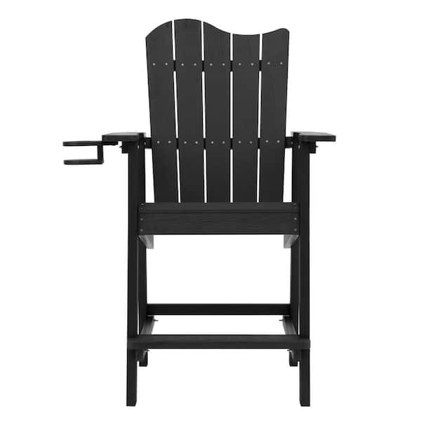 LUE BONA Black Printed Plastic Adirondack Outdoor Bar Stool with Cup Holder Weather Resistant Wave Design Bar Chair