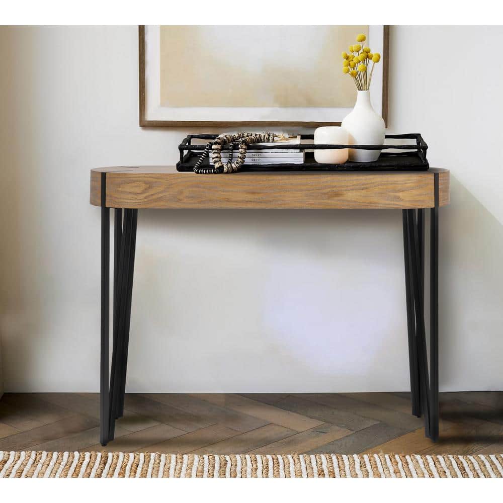 Astoria Natural Wood Console Table with Black Iron Hairpin Legs