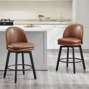 Cyprian  26 in. Brown Low Back Swivel Counter Height Bar Stool with Leather Seat and Wood Frame (Set of 2)