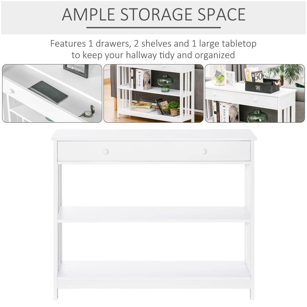 White Wood Console Table with Drawer and Shelves
