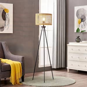 Chicago 65 in. H Matte Black Farmhouse 1-Light Tripod Floor Lamp with Wood Color Paper Rope Drum Shade