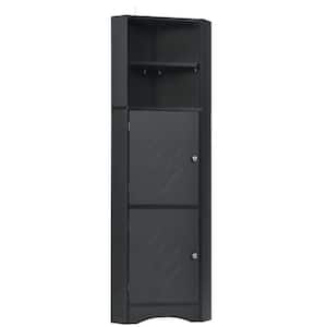 Modern 15 in. W x 15 in. D x 61 in. H Black Tall Bathroom Corner Linen Cabinet with Doors and Adjustable Shelves