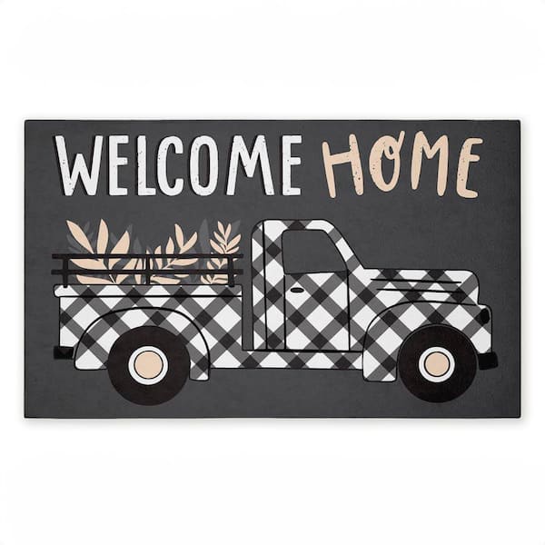 Farmhouse Welcome Plaid Truck Black 18 in. x 30 in. Polyester Non-Slip Outdoor Door Mat