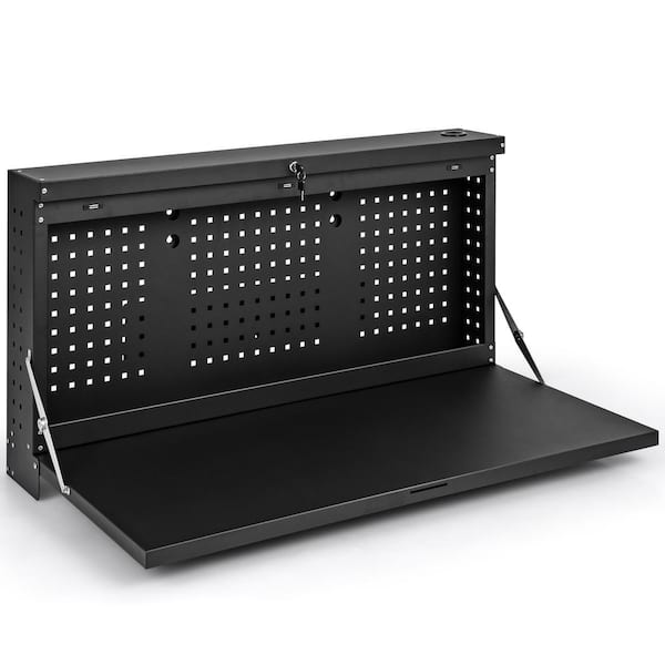 Costway 43.5 in. Black Wall Mounted Workbench Foldable Hanging Work Surface Desk with Peg Board