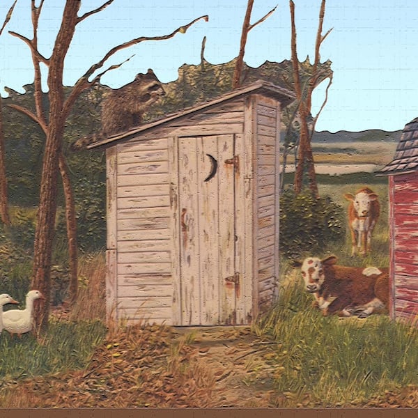 Dundee Deco Falkirk Dandy II Brown Red Blue Outhouses Country Peel and Stick Wallpaper Border