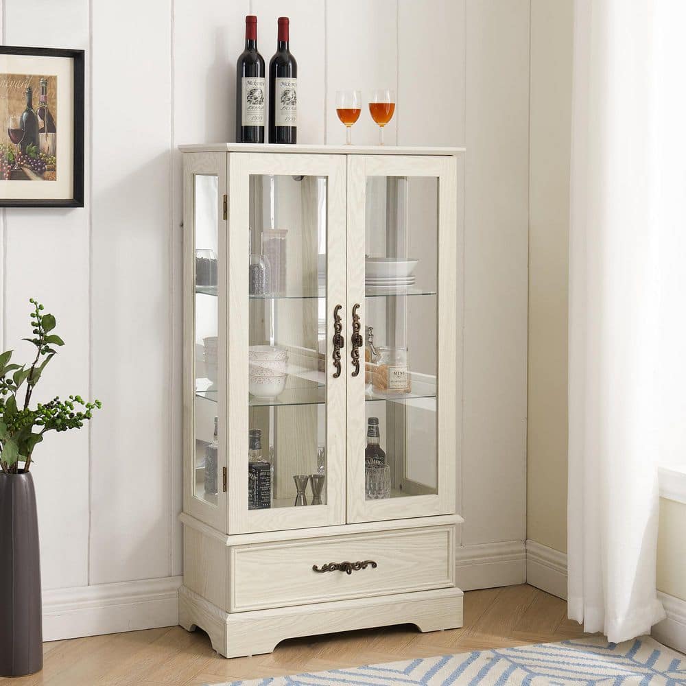 Louisa White Wood 47.4 in. Curio Display Cabinet with 2 Doors and 1 Drawer