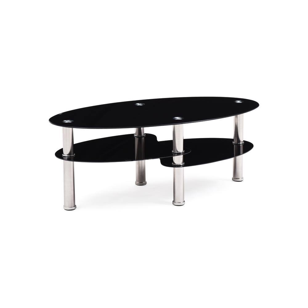 Oval Black Tempered Glass Coffee Table with Silver Frame