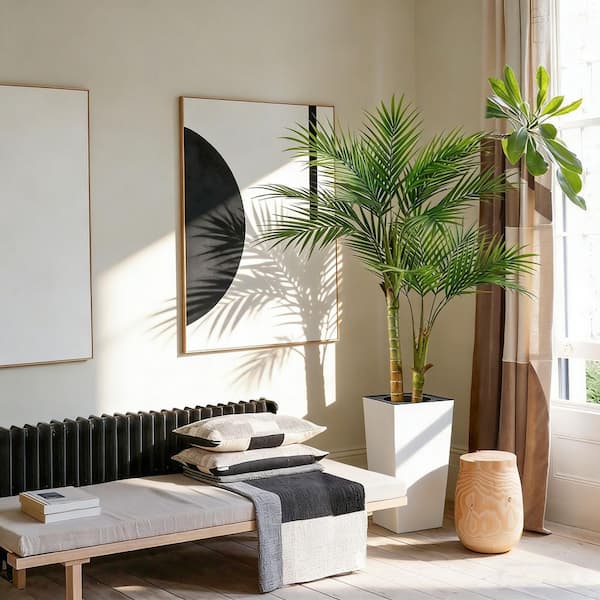 5 ft. Faux Plant Indoor Outdoor Artificial Palm Tree in White square Planter with 18 leaves square flowerpot